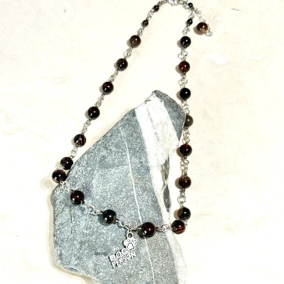 Genuine Dark Brown Agate Necklace, Natural Gemstone & Dog Person Paw Print Charm - Picture 4 of 15